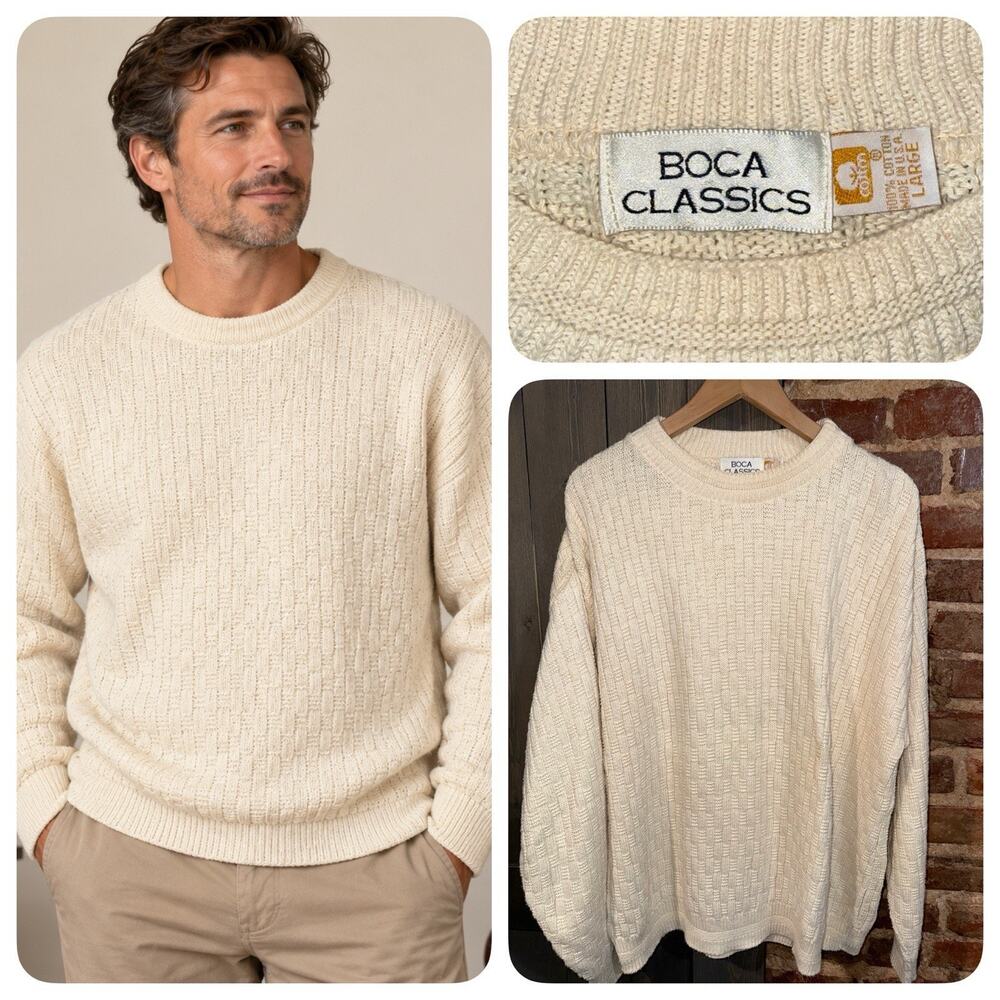Vintage Boca Classics Men’s Large Cream Basketweave Knit Sweater Chunky 80s 90s